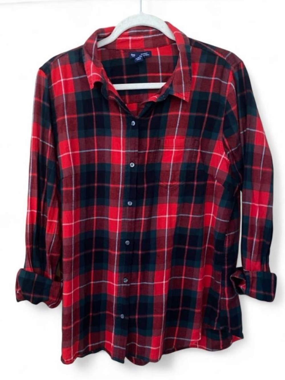 GAP Red Black Green Tartan Plaid Flannel Boyfriend Fit Button Down Women’s Large